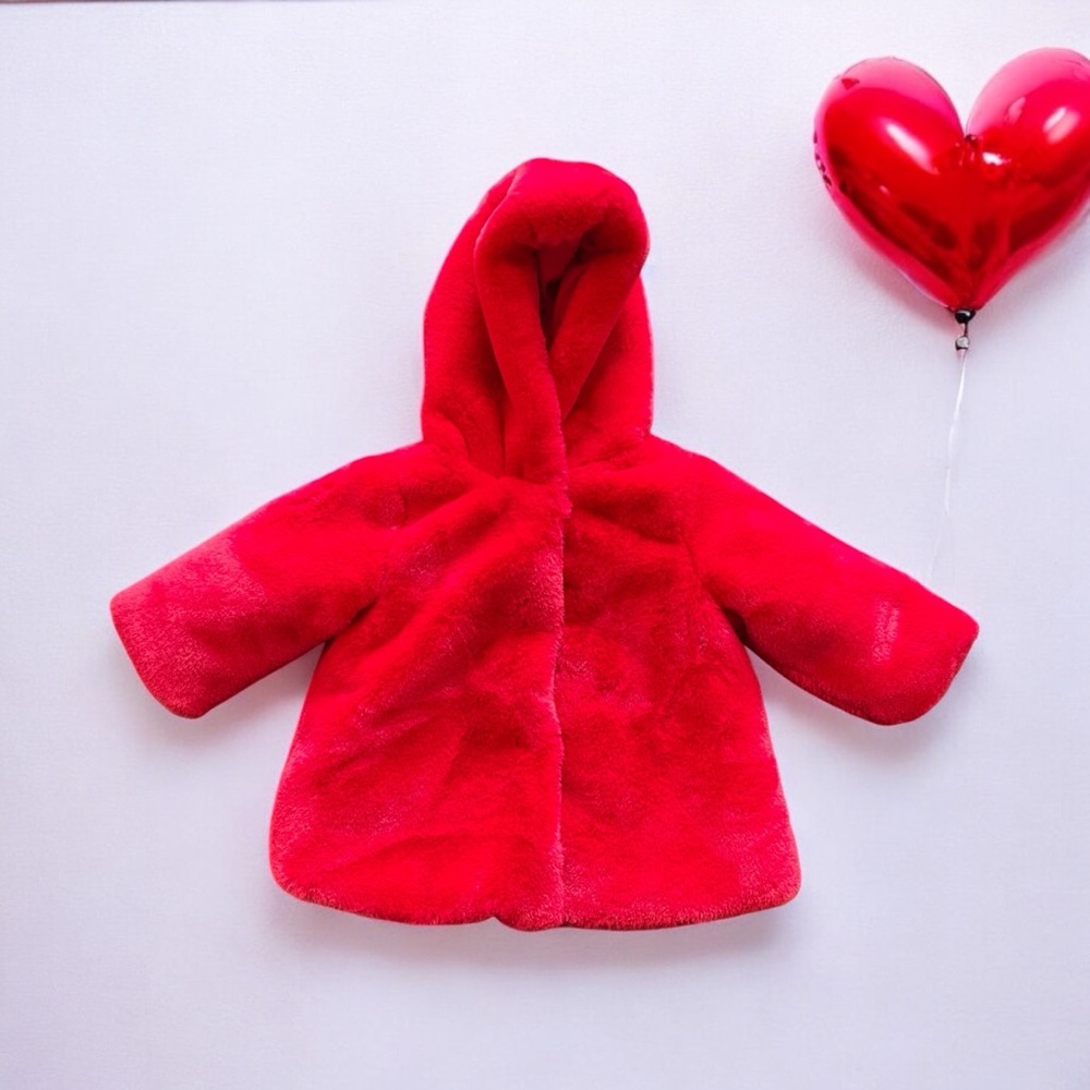 FIRST IMPRESSIONS Red Faux Fur Hooded Jacket • Size 6-9 Months • Infant